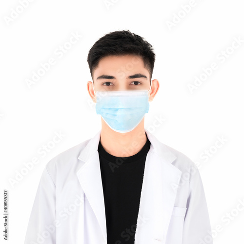 Portrait of young doctor wearing medical face mask to protection infection and pandemic of coronavirus or covid19 isolated on white background.