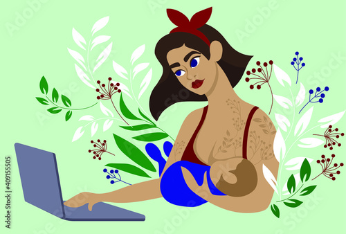 Young mother breastfeeds her baby while working with laptop. Female freelancer working or studying on laptop at home. Freelance lifestyle. Concept with woman on coronavirus quarantine.