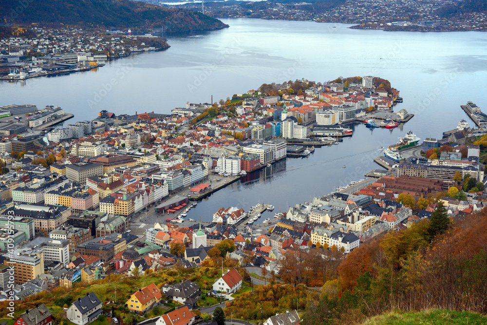 Panoramic views of Bergen, Norway from the top of the viewpoint Panorama Fløyfjellet, in the autumn morning. This is a popular tourist destination.