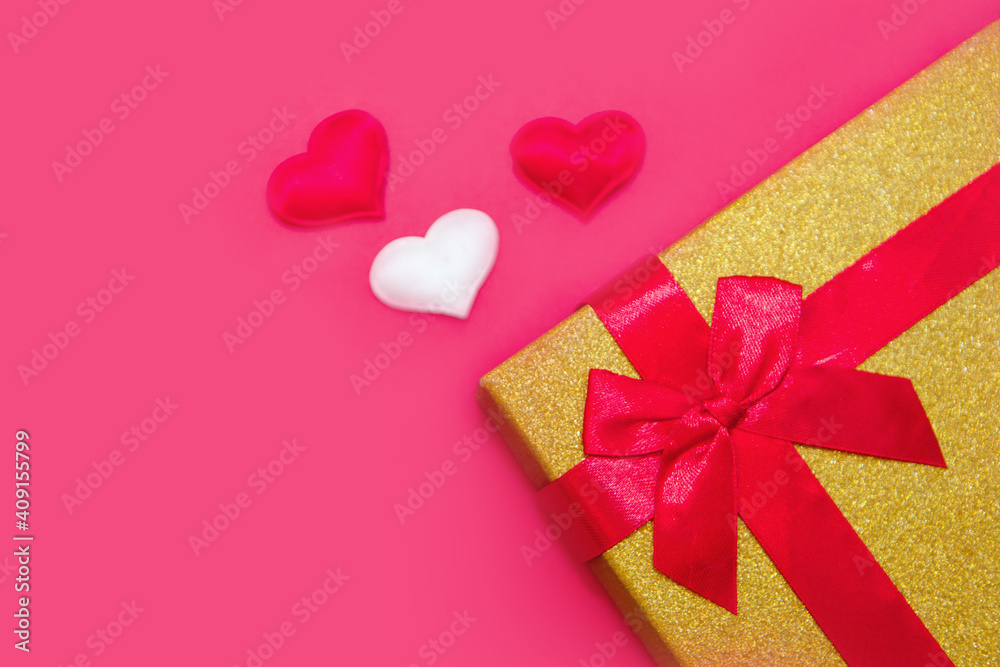 Happy Valentine's Day flatlay. Top view present gift box, hearts on on yellow color of the red background. panton Happy Valentine's Day flatlay. Top view present gift box, hearts on on yellow color of the red background. panton