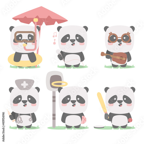 panda character set collection mascot cute animal snorkeling singer guitar doctor basketball base ball with flat cartoon style