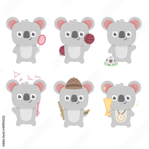 koala character set collection mascot cute animal soccer tennis basketball student scout winner gym run winner with flat cartoon style