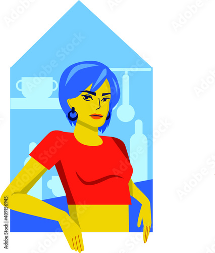 Woman in kitchen, vector illustration, flat style with white background