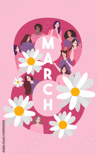 woman day concept women of different ethnic smile around number eight blossom flower with flat cartoon style