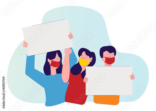 protest during coronavirus pandemic concept activism men and women use mask hold poster with flat cartoon style