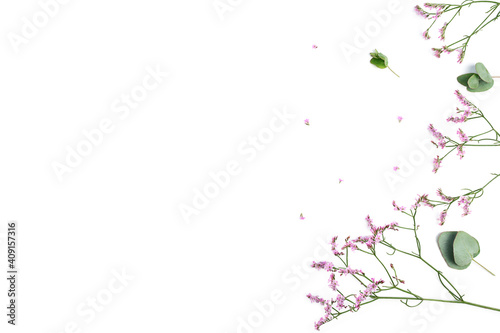 Wallpaper Mural Flowers composition. Frame made of pink gypsophila flowers and eucalyptus branches on white background. Flat lay, top view, copy space Torontodigital.ca