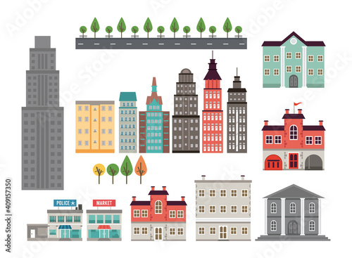 city life megalopolis set urban icons