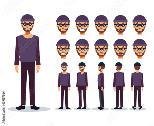 Set of Flat Vector Character illustration, A man is a Thief Bad guy , various views, Cartoon style.
