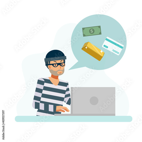 Flat Vector Character illustration of Hacker concept, a man is hacking data to steal money gold credit card.