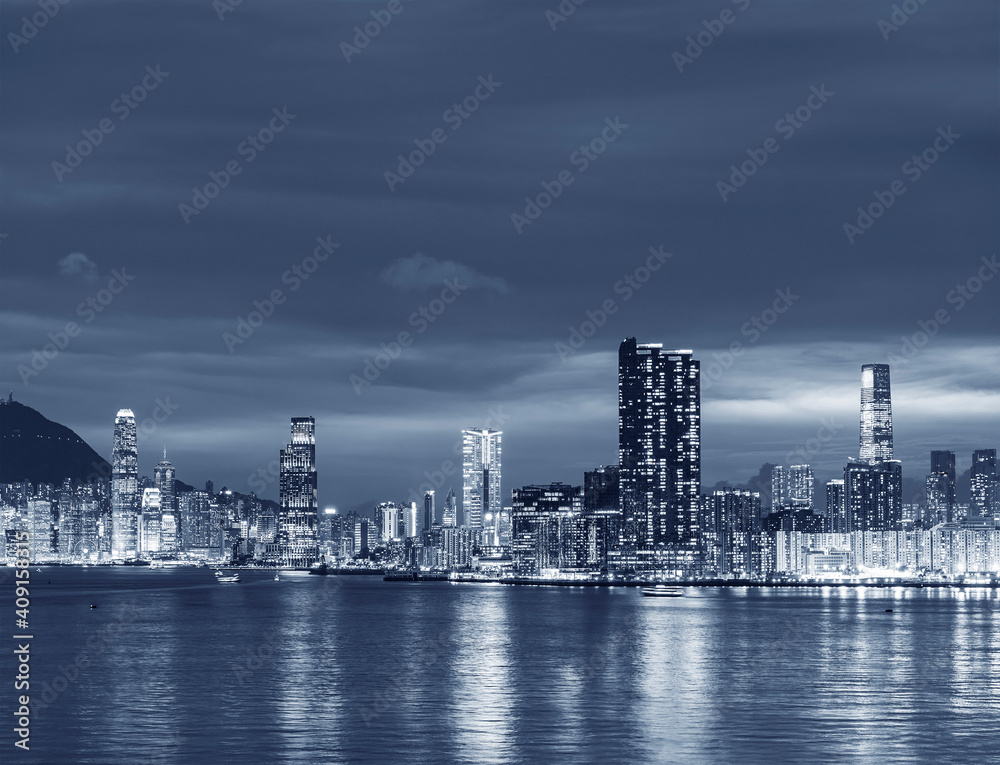 Panorama of Skyline of Victoria Harbor of Hong Kong city at dusk Panorama of Skyline of Victoria Harbor of Hong Kong city at dusk