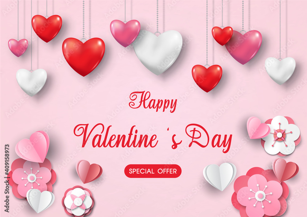 Heart necklace in glossy and 3d style hang on pink background with Valentine day's sale wording and Sakura flowers in paper cut style. Valentine greeting card in vector design.