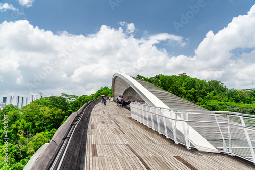 Amazing bridge imitating wave, Singapore. Scenic wooden walkway photo
