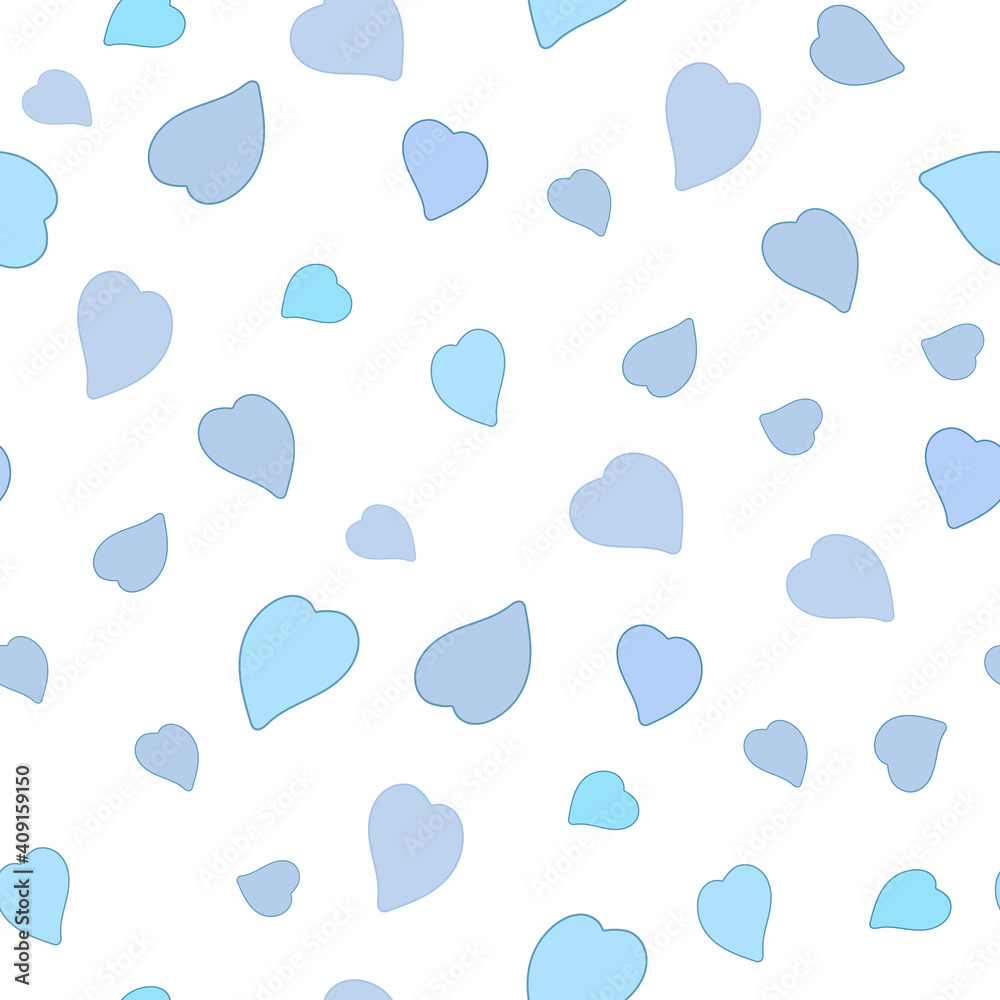Seamless pattern. Blue hearts of different sizes and shapes on a white background. Endless ornament for textiles, baby clothes. Vector illustration . Flat style.