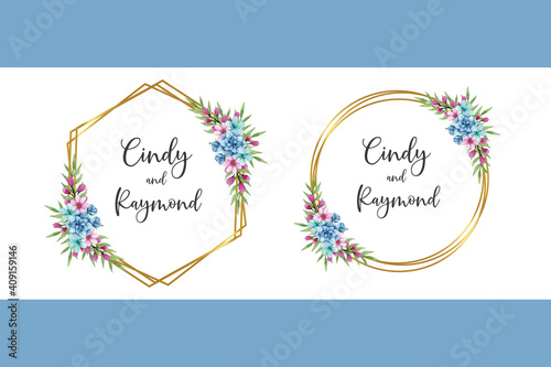 Wedding invitation frame set, Blue floral watercolor hand drawn Dahlia Flower design Invitation Card Template