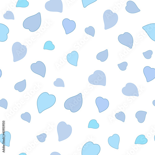Seamless pattern. Blue hearts of different sizes and shapes on a white background. Endless ornament for textiles, baby clothes. Vector illustration . Flat style.