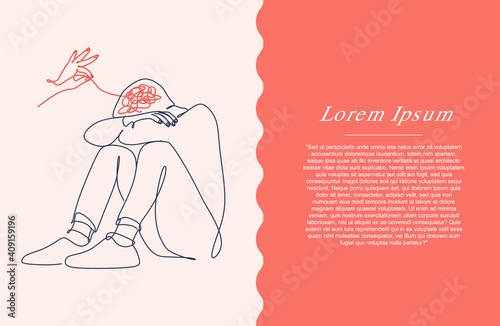 The concept of psychology. A woman's helping hand unravels the tangle of thoughts of a man with a mental disorder who is trying to get rid of emotional problems. Depression