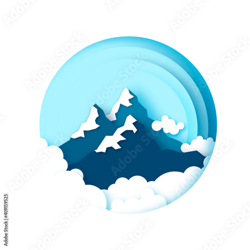 Snow Mountain Peaks. Landscape paper cut style. Sky and clouds. Circle frame.
