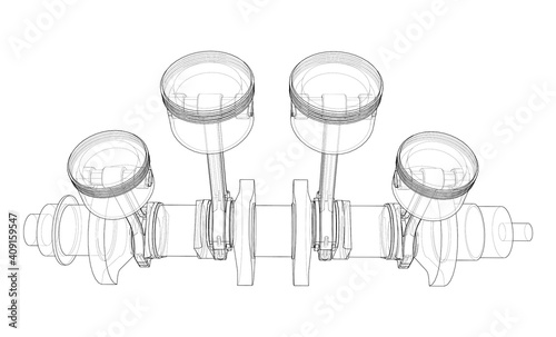 Engine crankshaft with pistons outline. Vector