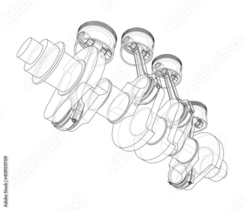 Engine crankshaft with pistons outline. Vector
