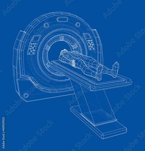 MRI machine scanning patient inside. Vector