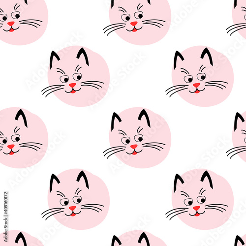 Cute kitty muzzle pattern. Seamless pattern with face cats and circle. Use for background or printing on fabric. Vector cartoon Illustration.