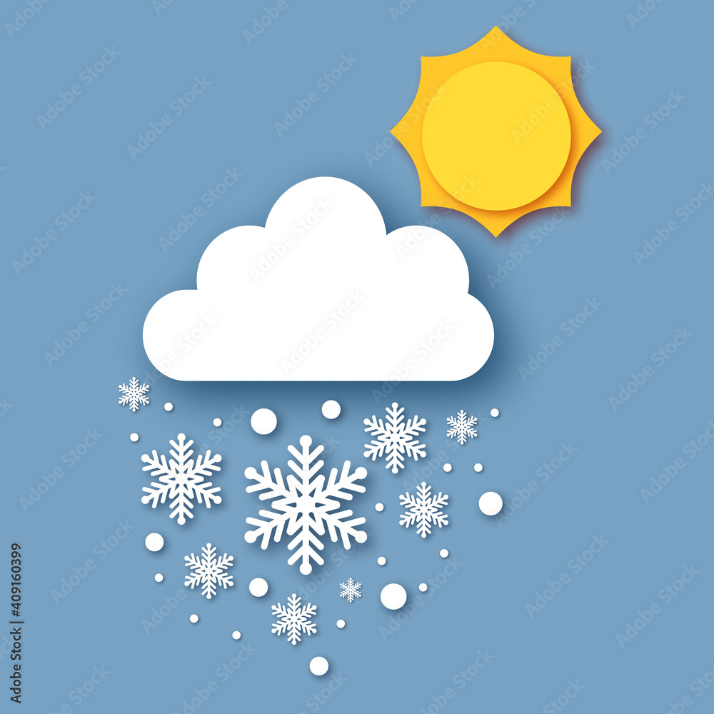 White paper cloud with snowflakes. Falling Snow. Sun and cloud. Paper cut Weather. Winter time. White paper cloud with snowflakes. Falling Snow. Sun and cloud. Paper cut Weather. Winter time.