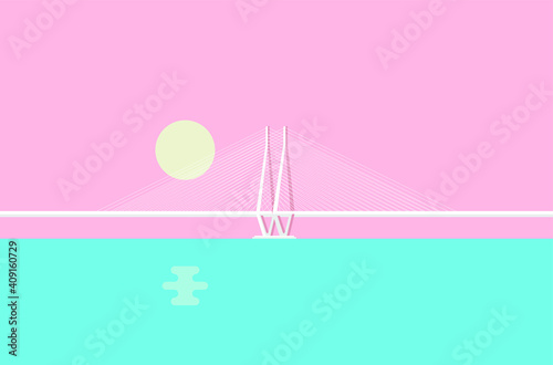 Minimal, creative, and pastel color vector illustration of the iconic Bandra–Worli Sea Link, officially called Rajiv Gandhi Sea Link
 photo