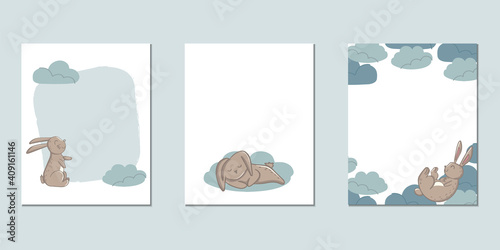 Set of vector children's cards with hares. Templates for text for a children's party, baby shower, cards, invitations, diplomas.