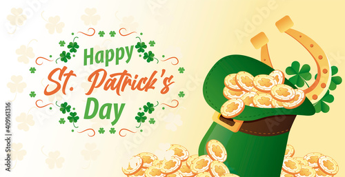 happy saint patricks day lettering with coins and horseshoe in elf tophat