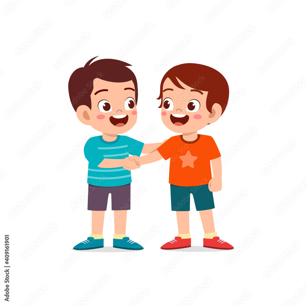 cute little kid boy do hand shake with his friend