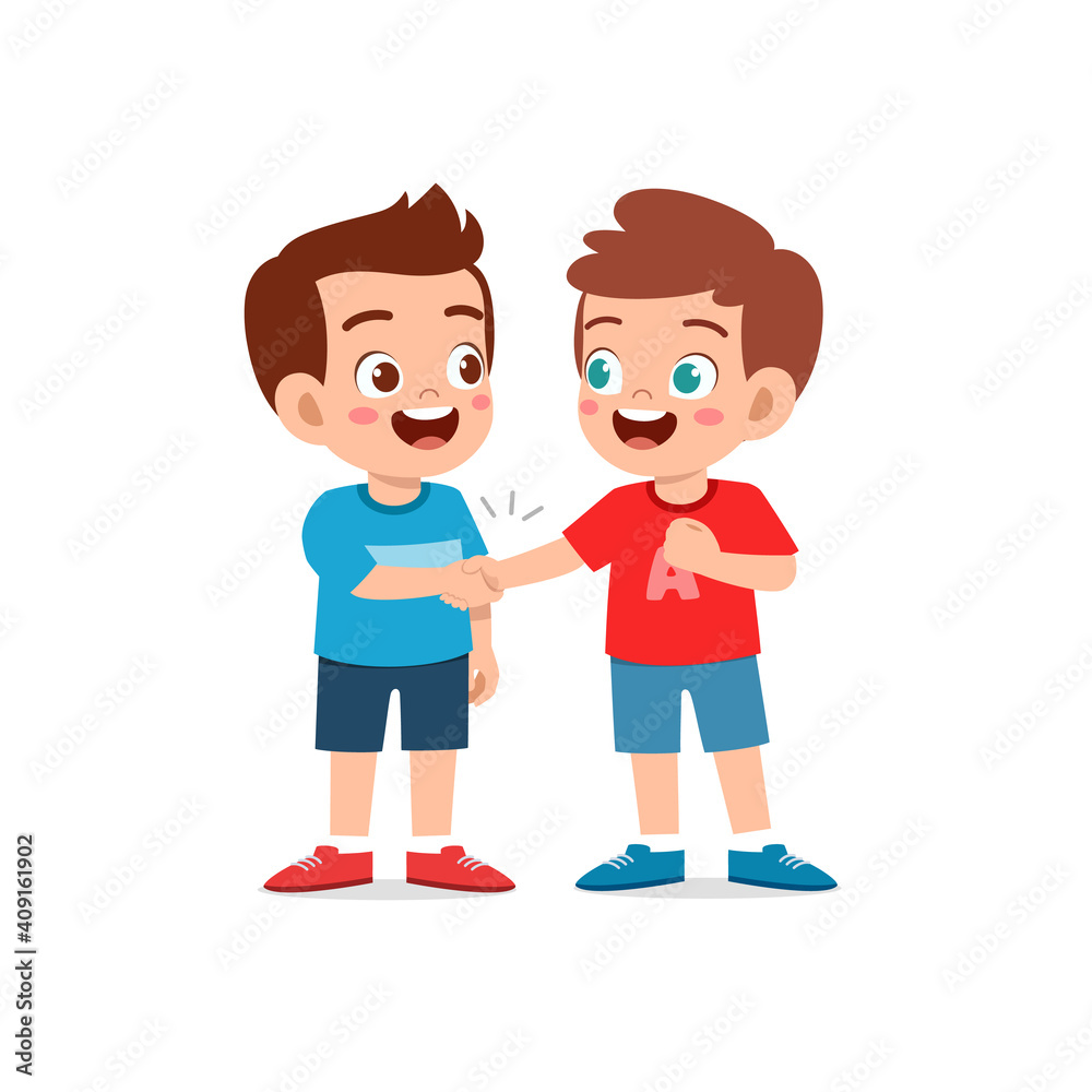 cute little kid boy do hand shake with his friend