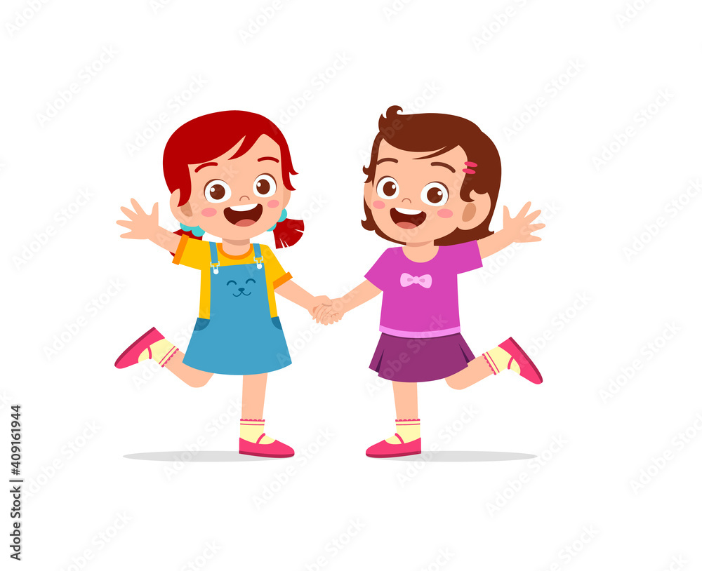 cute little kid girl holding hand with her friend