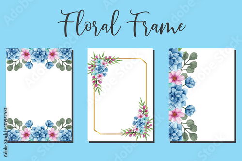 Wedding invitation frame set, Blue floral watercolor hand drawn Dahlia Flower design Invitation Card Template