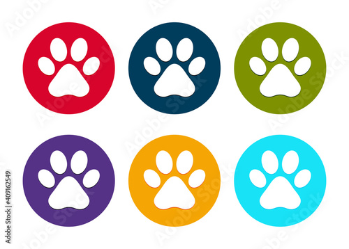 Animal paw print icon modern flat round button set illustration