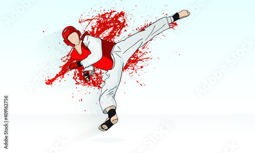 Martial art. The karate kid makes a jump shot.