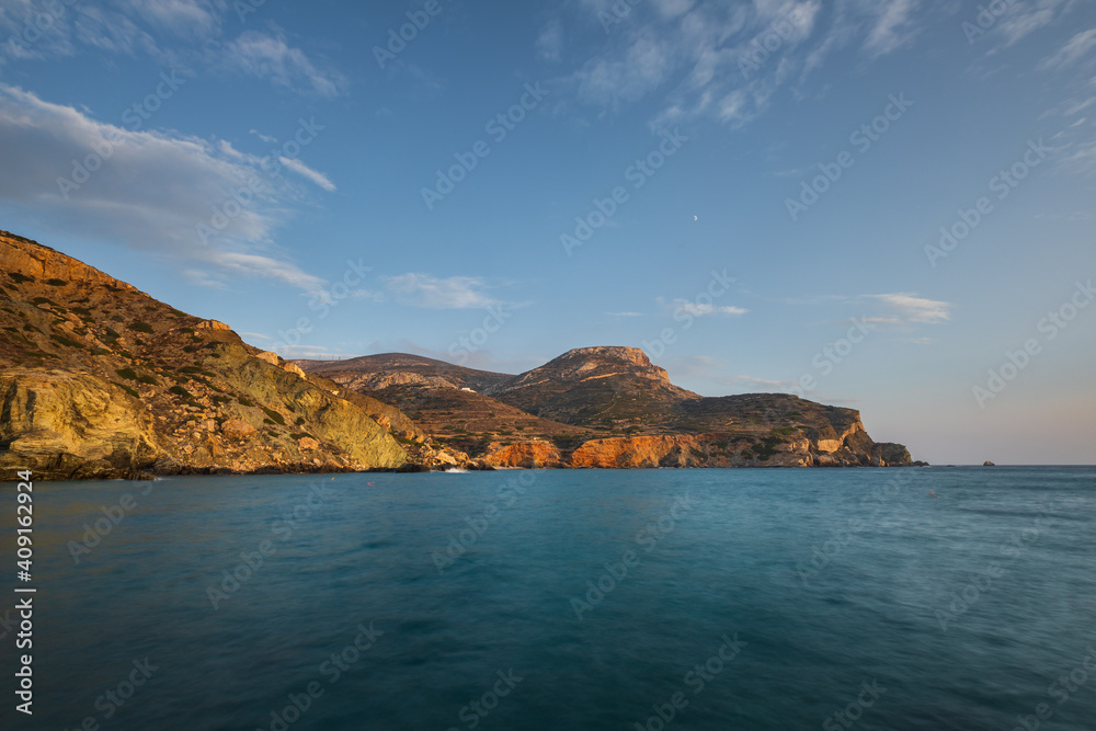 View of the coast and Agkali beach, Folegandros Island, Greece.
