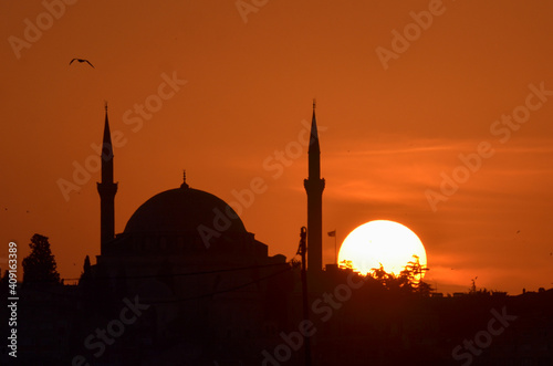 sunset in Istanbul - Mosque, minaret and seagulls silhouettes