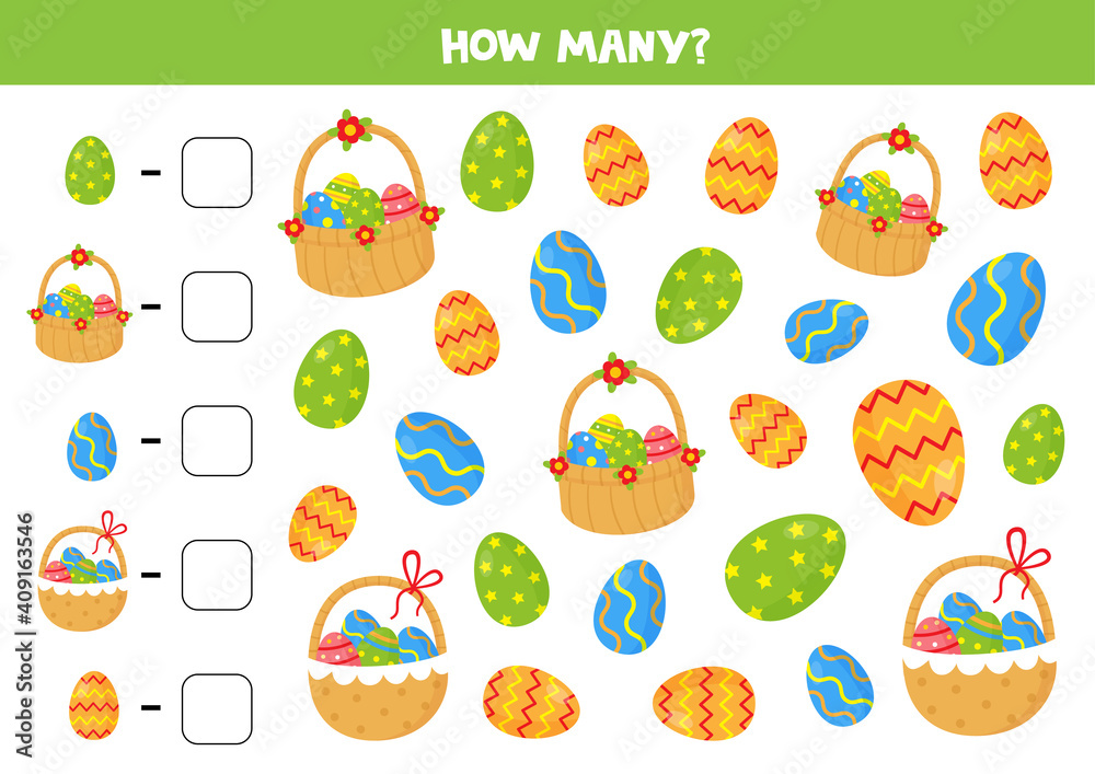 Counting game with Easter eggs and baskets. Math worksheet.
