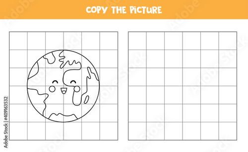 Copy the picture. Cute planet Earth. Logical game for kids.