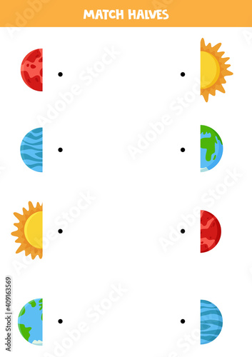 Match halves of Solar system planet and Sun. Logical game for children.