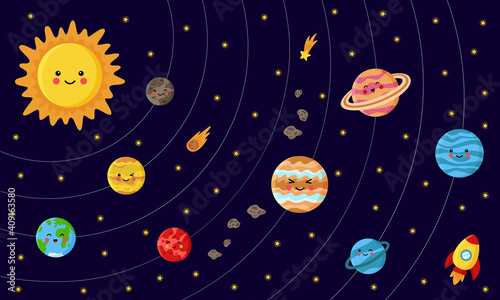 Collection of solar system planets. Scheme of Solar system.