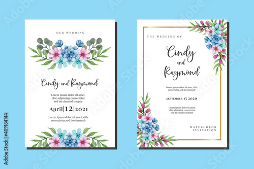 Wedding invitation frame set  Blue floral watercolor hand drawn Dahlia Flower design Invitation Card Template