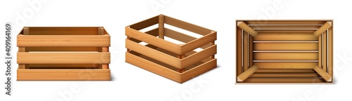 3d realistic vector set of cargo wooden boxes in side front and top view. Isolated on white background.