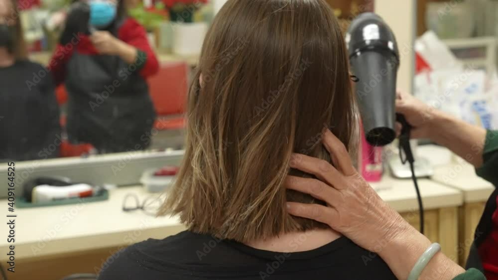 This video shows the back side of a woman's hair being blow dried at beauty salon by a stylist. This video shows the back side of a woman's hair being blow dried at beauty salon by a stylist.