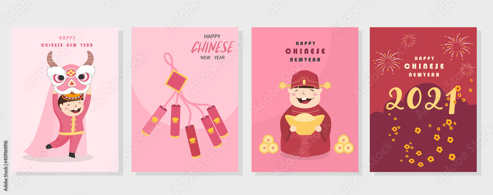 Chinese New Year 2021, the year of the cow,Little asian, cute cards, poster, template, greeting cards, Vector illustrations.