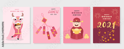 Chinese New Year 2021, the year of the cow,Little asian, cute cards, poster, template, greeting cards, Vector illustrations.
