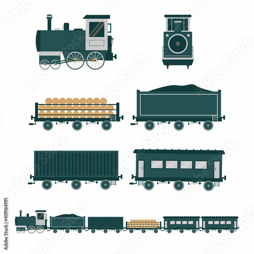 Old train flat style. Set of flat vintage train transportation icons. Steam train, passenger train and and cargo train front and side view isolated on white background. Vector cartoon illustration