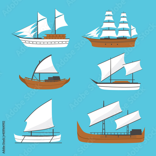 Vector flat sailing boat, ship icon, set. Old wooden ship with white sails. Phinisi ship, Barqque Sadov ship, Patorani ship, Travel by sea transport, traditional asian marine vessel. photo