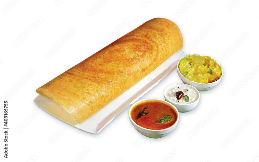 South Indian Masala Dhosa or dosa served with sambhar, coconut chutney, red chutney and green