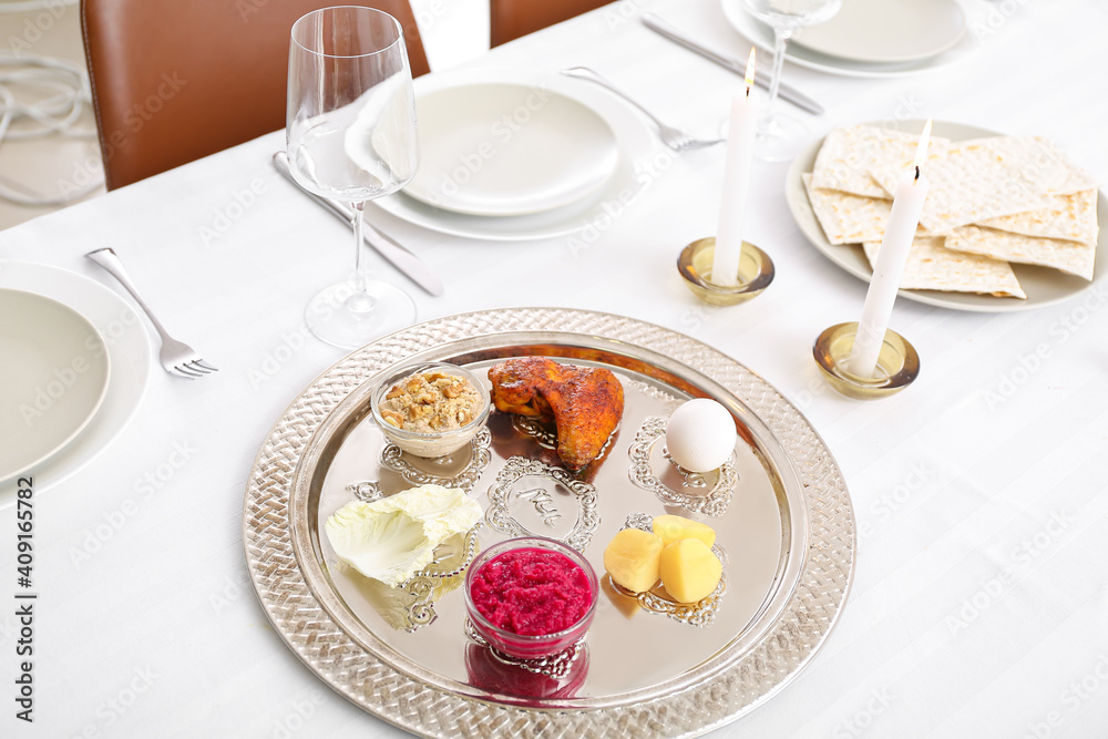 Passover Seder plate with traditional food on served table Stock Photo ...